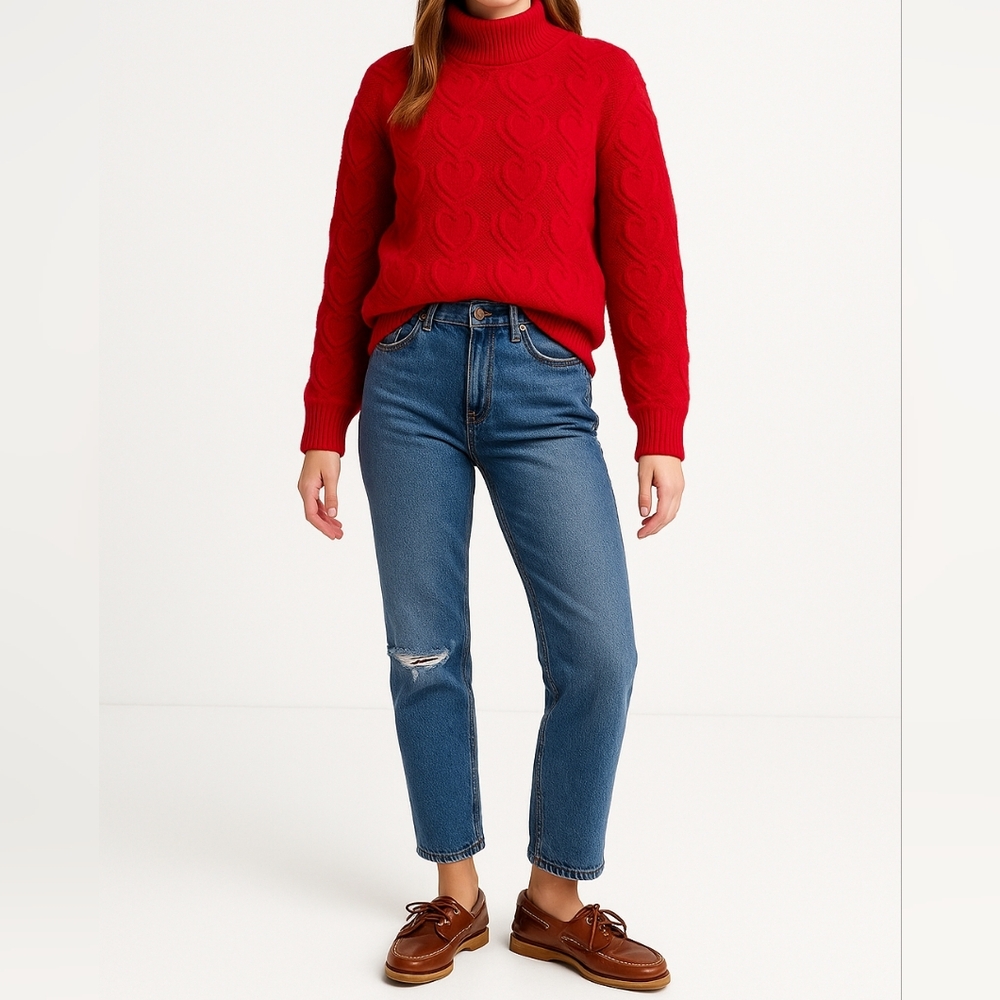 VINTAGE AMERICAN PRIDE Textured Heart Knit Mock Neck Sweater | L | Made In USA